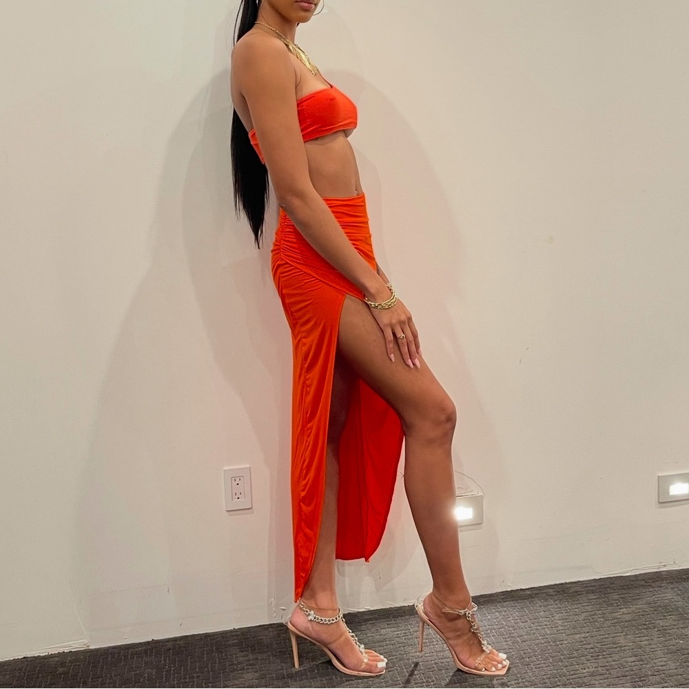 Orange One Shoulder Two-Piece Skirt Set